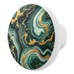 Emerald Green & Gold Marble Look Glam  Ceramic Knob