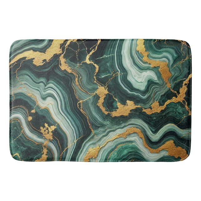Emerald Green & Gold Marble Look Glam Wedding  Bath Mat (Front)