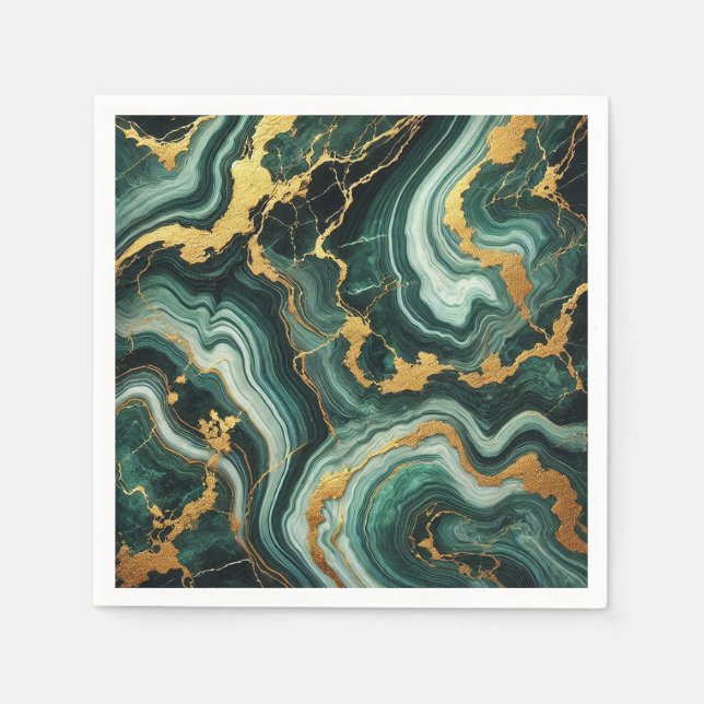 Emerald Green & Gold Marble Look Glam Wedding  Napkins (Front)