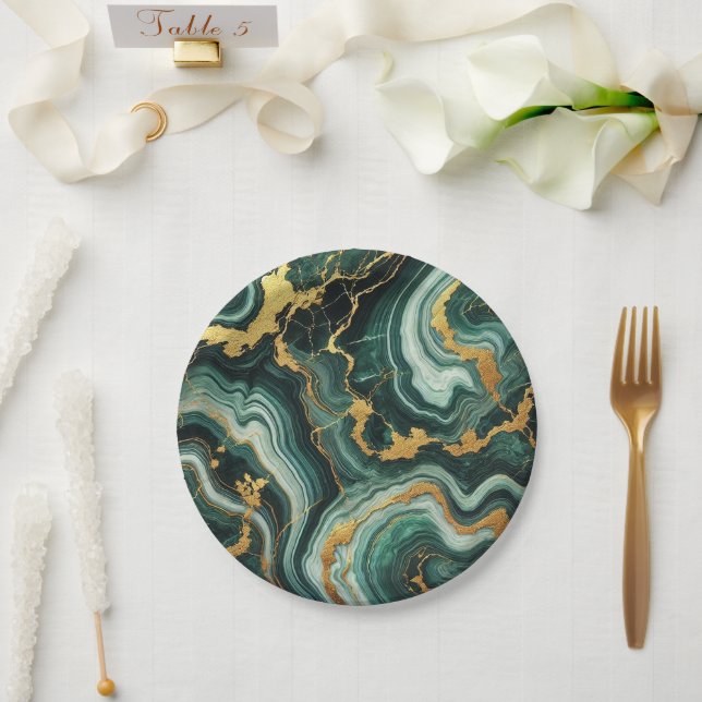 Emerald Green & Gold Marble Look Glam Wedding  Paper Plates (Wedding)
