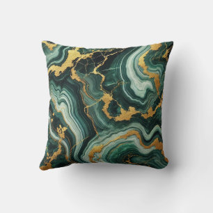 Emerald Green & Gold Marble Look Glam Wedding Throw Pillow