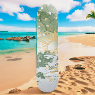 Emerald Green & Gold Marble Sea Ocean Waves Skateboard