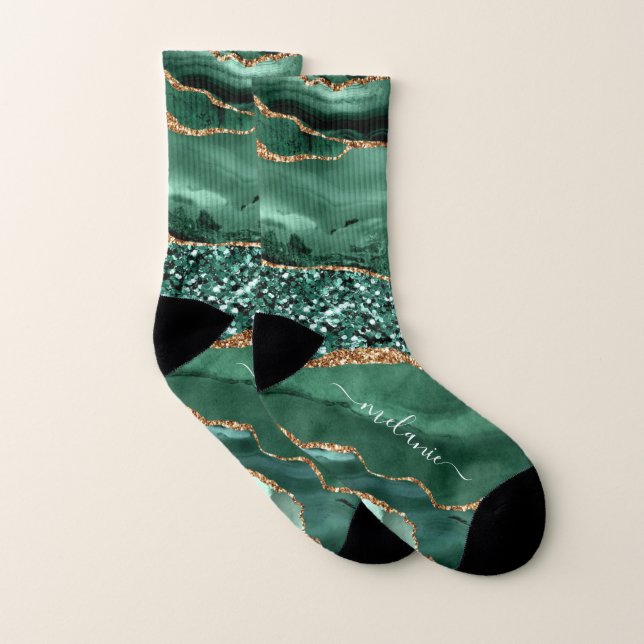 Emerald Green Gold Marble Socks with Custom Name (Pair)