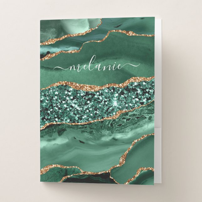 Emerald Green Gold Marble Your Name Pocket Folder (Front)