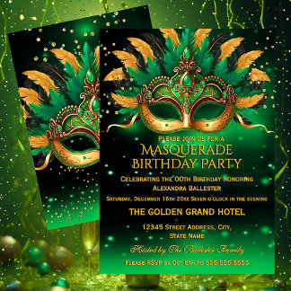 Emerald Green Gold Masks Masquerade Birthday Party Invitation