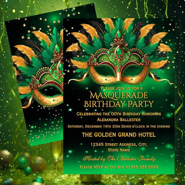 Emerald Green Gold Masks Masquerade Birthday Party Invitation (Creator Uploaded)