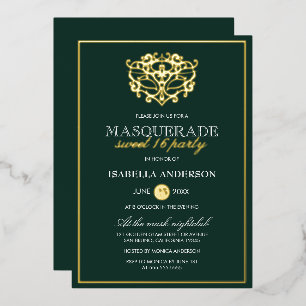 Emerald Green & Gold Masquerade Sweet 16 Party Foil Invitation