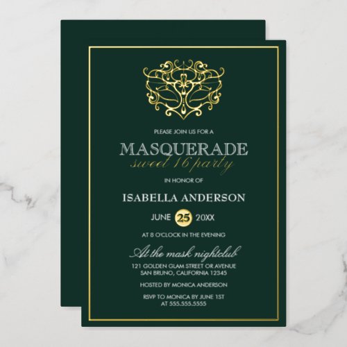 Emerald Green  Gold Masquerade Sweet 16 Party Foil Invitation