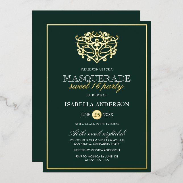 Emerald Green & Gold Masquerade Sweet 16 Party Foil Invitation (Front/Back)