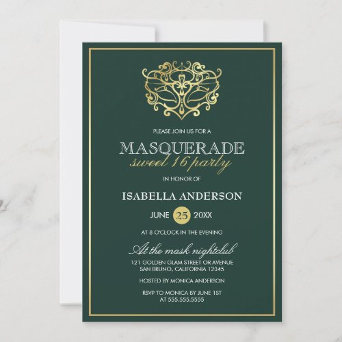 Emerald Green  Gold Masquerade Sweet 16 Party Invitation