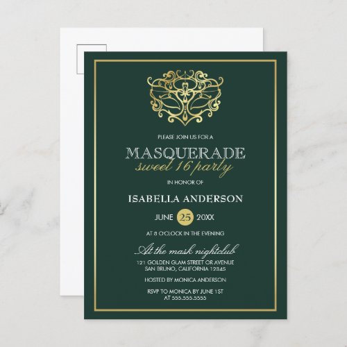 Emerald Green  Gold Masquerade Sweet 16 Party Invitation Postcard