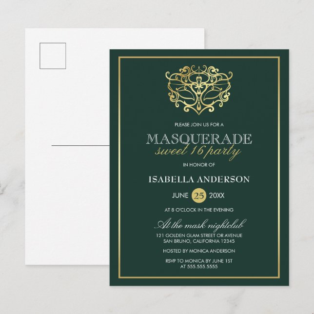 Emerald Green & Gold Masquerade Sweet 16 Party Invitation Postcard (Front/Back)