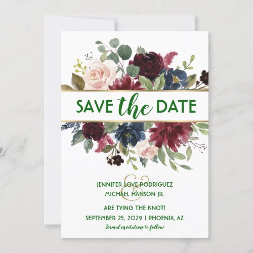 Emerald Green Gold Merlot Navy Boho Save the Date  Invitation