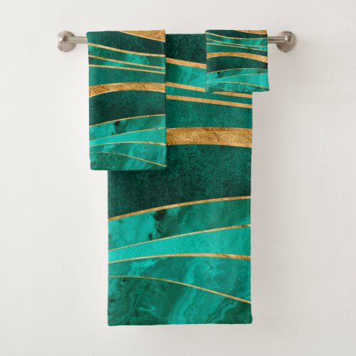 Emerald Green Gold Metallic Wavy Abstract Bath Towel Set