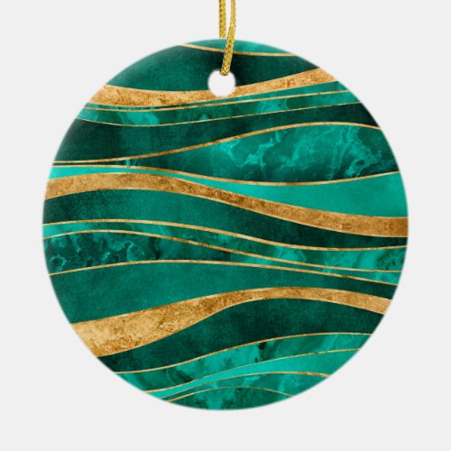 Emerald Green Gold Metallic Wavy Abstract Ceramic Ornament