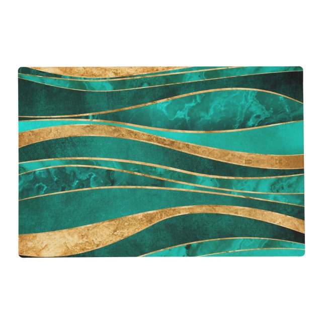 Emerald Green Gold Metallic Wavy Abstract Placemat (Front)