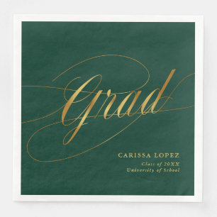 Emerald Green & Gold Minimalist Grad Calligraphy Paper Dinner Napkins