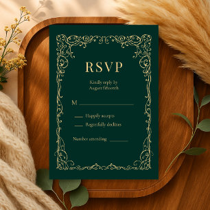 Emerald Green Gold Minimalist Wedding RSVP  Card