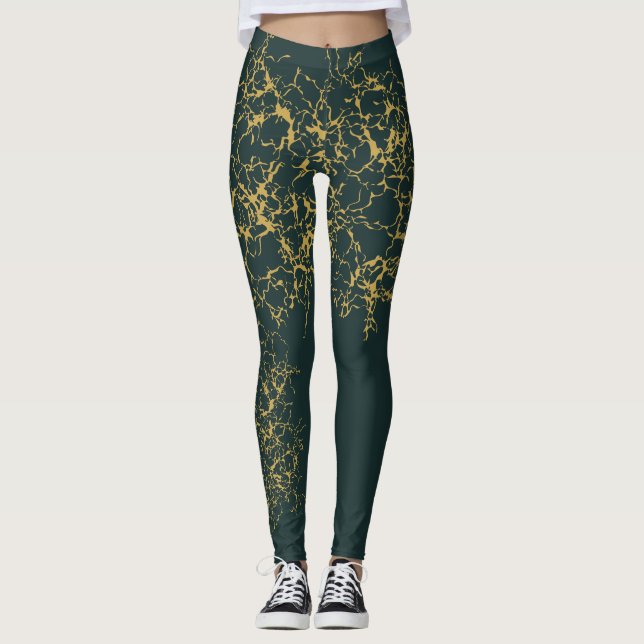 Emerald Green Gold Modern Abstract Leggings (Front)
