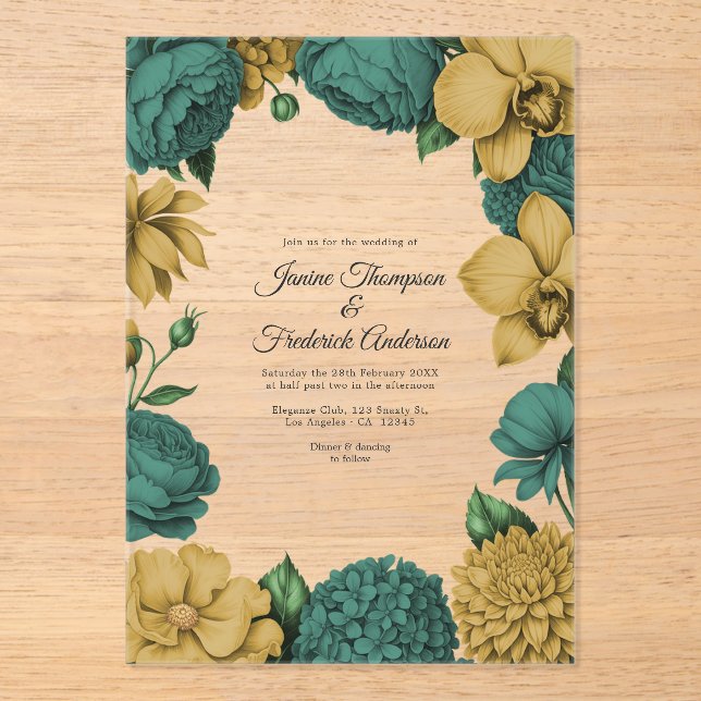Emerald Green & Gold Modern Botanical Wedding Acrylic Invitations (Front)