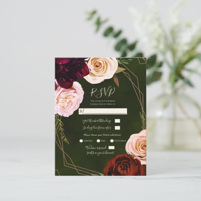 Emerald Green Gold Modern Dark Floral Wedding RSVP Invitation (Standing Front)