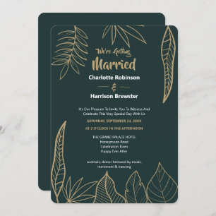 Emerald Green Gold Modern Drawn Leaves Wedding Invitation