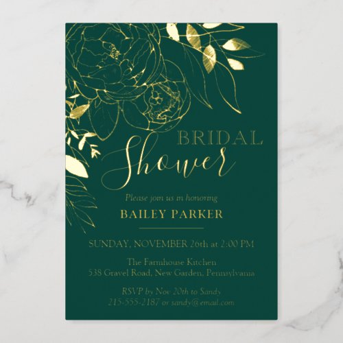 Emerald Green  Gold Modern Floral Bridal Shower Foil Invitation