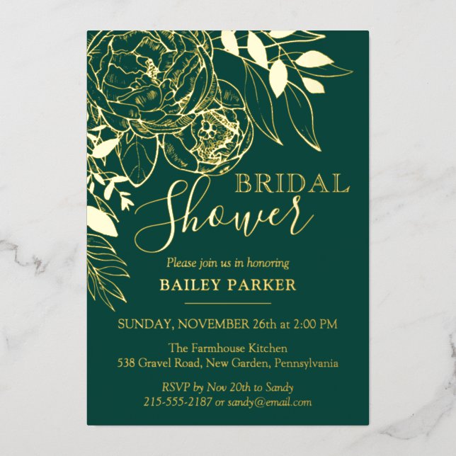 Emerald Green & Gold Modern Floral Bridal Shower Foil Invitation (Front)