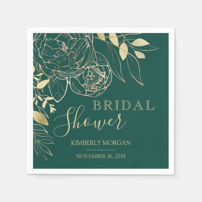 Emerald Green & Gold Modern Floral Bridal Shower N Napkins (Front)