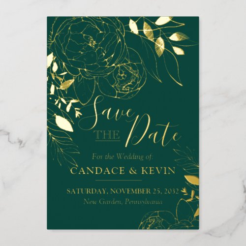 Emerald Green  Gold Modern Floral Save the Date Foil Invitation