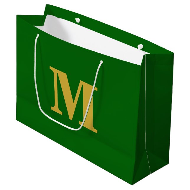 Emerald Green & Gold Modern Letter Monogram Large Gift Bag (Front Angled)
