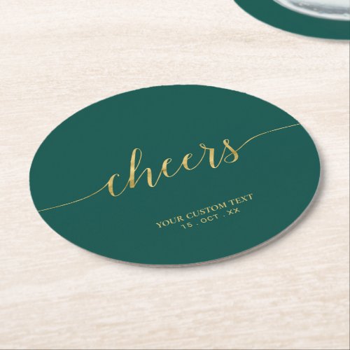 Emerald Green  Gold Modern Lettering Cheers Party Round Paper Coaster