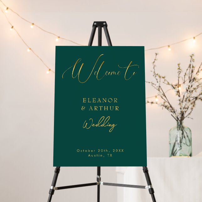 Emerald Green & Gold Modern Script Wedding Welcome Foam Board (In Situ (Stand))
