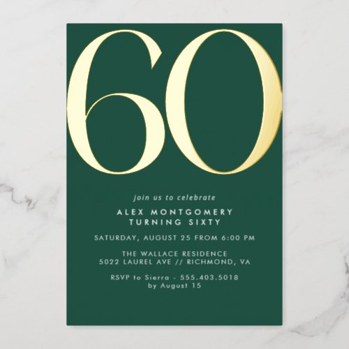 Emerald Green  Gold  Modern Simple 60th Birthday Foil Invitation