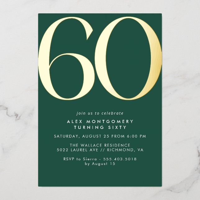 Emerald Green & Gold | Modern Simple 60th Birthday Foil Invitation (Front)