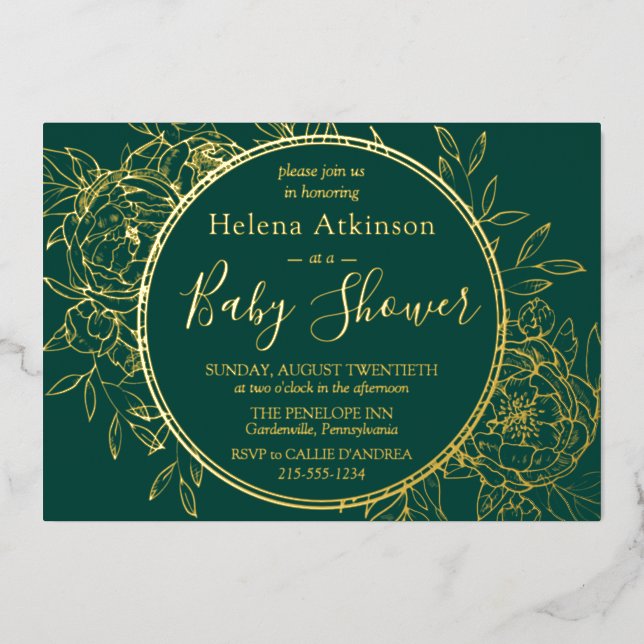 Emerald Green & Gold Modern Toile Baby Shower Foil Invitation (Front)
