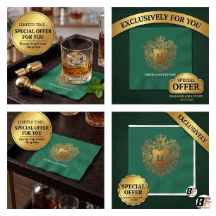 Emerald Green & Gold Monogram Crest Paper Napkins