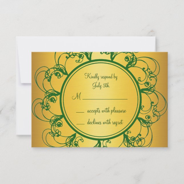 Emerald Green & Gold Monogram RSVP Card (Front)