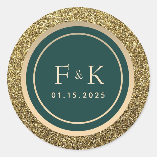 Emerald Green Gold Monogram Wedding Classic Round Sticker (Front)