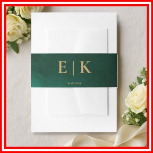 Emerald Green & Gold Monogram Wedding Invitation Belly Band