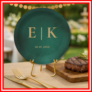 Emerald Green & Gold Monogram Wedding Paper Plates