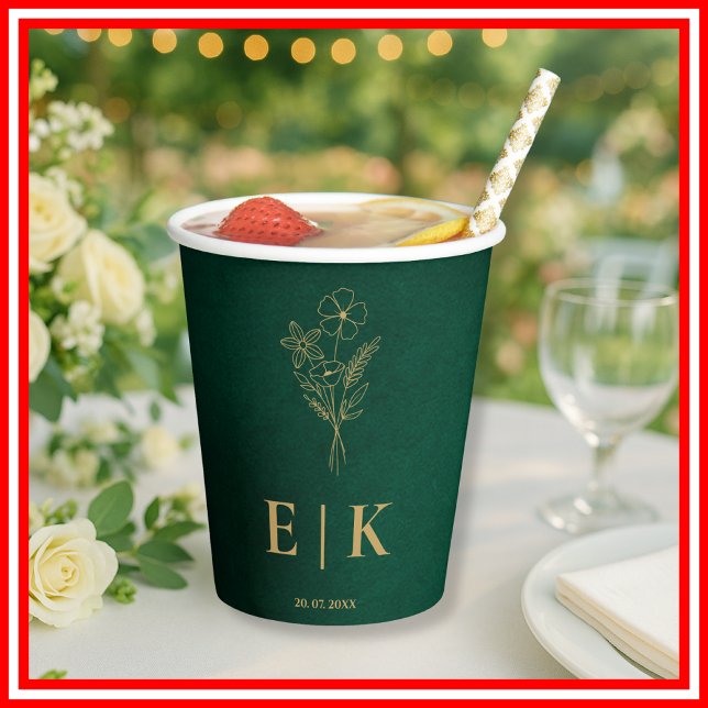 Emerald Green & Gold Monogram Wildflower Wedding Paper Cups (Creator Uploaded)