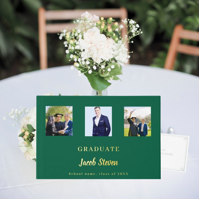 Emerald green gold name script photo Graduation Foil Guest Book (Creator Uploaded)