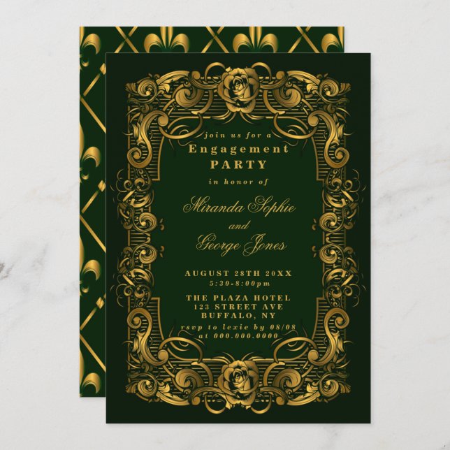 Emerald Green Gold Ornament Engagement Invitations (Front/Back)