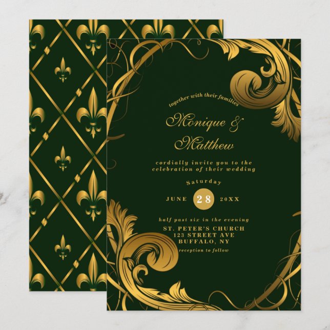 Emerald Green Gold Ornament Wedding Invitations  (Front/Back)