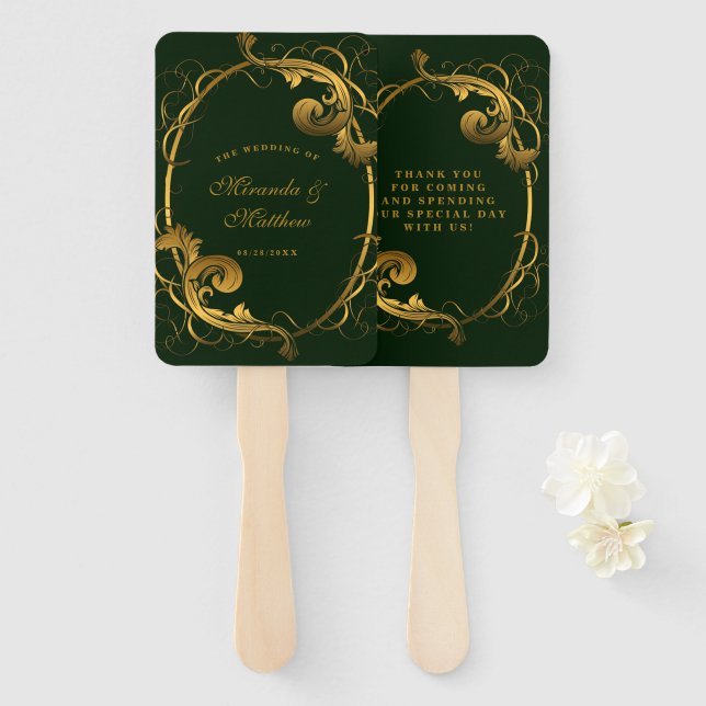 Emerald Green Gold Ornament Wedding Thank You  Hand Fan (Front and Back)