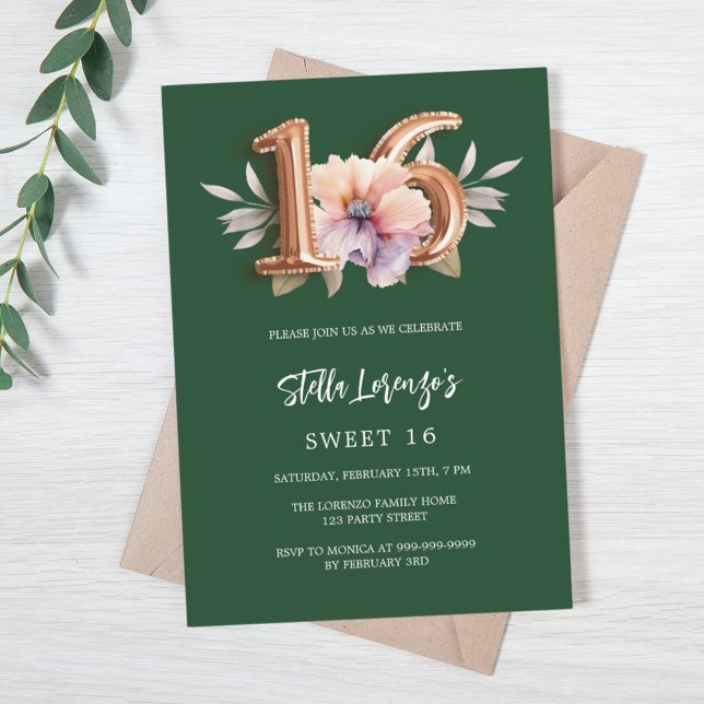 Emerald green gold peach floral Sweet 16 luxury Invitation (Creator Uploaded)