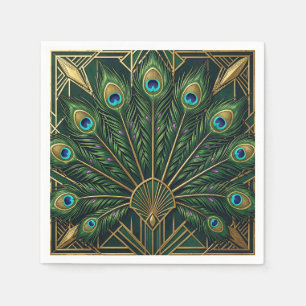 Emerald Green Gold Peacock Feathers Art Deco Napkins