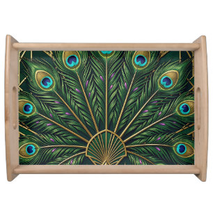 Emerald Green Gold Peacock Feathers Art Deco Serving Tray