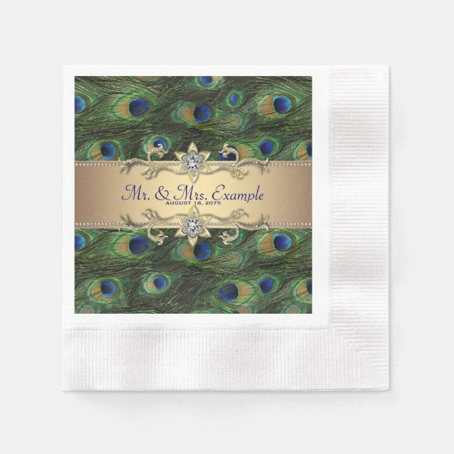 Emerald Green Gold Peacock Wedding Napkins (Front)